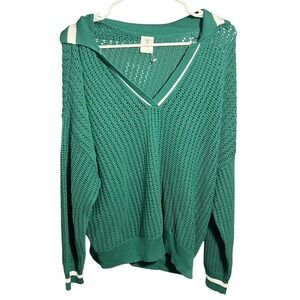 Xersion Women's XL Green Open Knit Collared V-Neck Sweater Pullover Striped Cuff